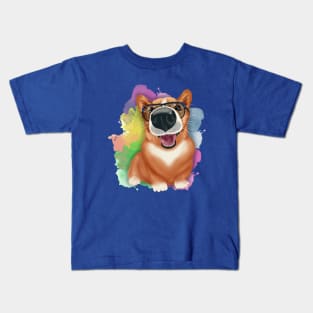 Corgi with sunglasses. Corgi lover. Multicolored watercolor stains Kids T-Shirt